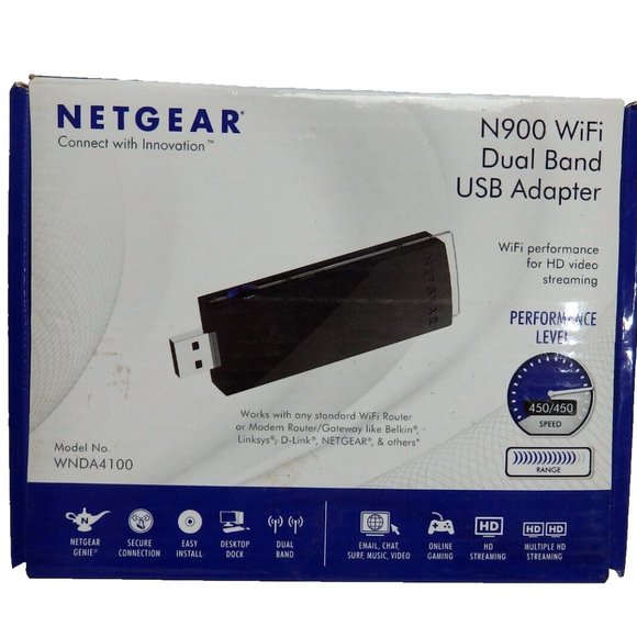 Netgear N900 WiFi Dual Band USB Network Adapter, Model WNDA4100 & Adapter Cradle